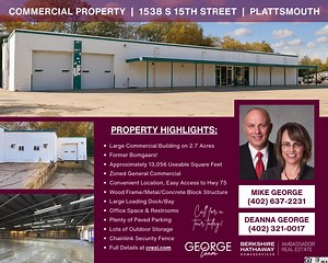 Commercial listing in Plattsmouth! Over 13,000 sq ft, a large loading dock, office space, parking, and a fenced yard… this one checks a lot of boxes for business owners. Call us for a tour today! https://www.crexi.com/properties/2252791/nebraska-1538-s-15th-street-plattsmouth-ne-68048?recommId=fd0fb69f59f144fc30b4f8b09a08321d #JustListed #CommercialProperty #Plattsmouth #GeorgeTeam #OurMissionistoServeYOU #WhoWantsToBeNext #OmahaRealtor #BHHS | Mike & Deanna George - George Team - BHHS Ambassado