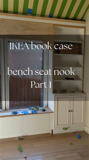 RYIA JOSE l Design & DIY | Turned a few IKEA pieces into a custom bookshelf + bench-seat nook for our multi-purpose room. Two HAVSTA cabinets on the sides, BILLY... | Instagram