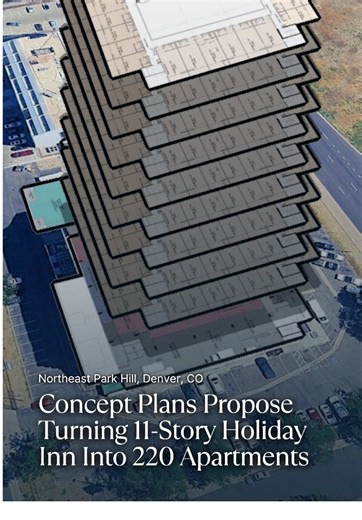 Concept plans filed with the City of Denver propose converting the eleven-story Holiday Inn at 3333 Quebec Street into a 220-unit apartment building. The hotel-to-housing conversion would repurpose an existing 310-room hotel into long-term residential use, while retaining the current structure and roughly 605 parking spaces split between garage and surface lots. Plans also show new coworking space, fitness and wellness amenities, a dog lounge, golf simulator, and outdoor areas with fire pits and