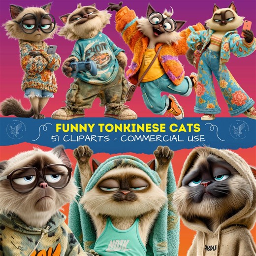 51 Funny Tonkinese Cat Clipart, Cute Smiling Cats, Digital Download PNG for Scrapbooking, Quirky Animal Commercial Use - Etsy