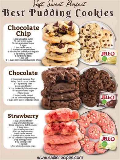🍪 Soft. Sweet. Perfect. ✨ Best Pudding Cookies Recipes 🍓🍫 These pudding cookies are soft, chewy, and packed with flavor—each recipe brings a fun twist with different pudding bases. Great for bake sales, family treats, or holiday cookie trays! 1️⃣ Chocolate Chip Pudding Cookies Ingredients: 2 ¼ cups all-purpose flour 1 tsp baking soda 1 cup unsalted butter, softened ¾ cup brown sugar ¼ cup granulated sugar 1 (3.4 oz) pkg instant vanilla pudding mix 2 eggs 1 tsp vanilla extract 2 cups semi-swee