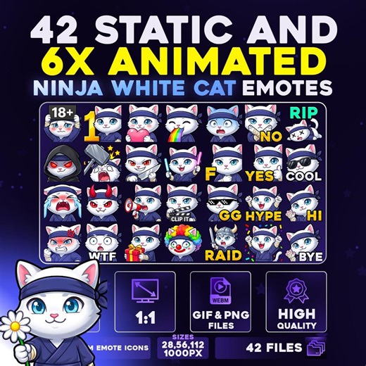 42 + 6 Animated Ninja White Cat Pack PNG & GIF for Streamers, Twitch, Discord, Kick, | Chibi Ninja Cat Emote Pack - Etsy