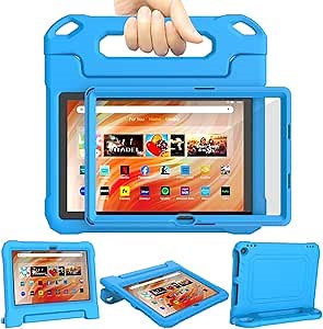 Fire HD 10 & Fire HD 10 Plus Tablet Case for Kids (13th/11th Generation, 2023/2021 Release), DJ&RPPQ Lightweight Shockproof Case Built-in Screen Protector with Handle Stand, Not fit iPad Samsung- Blue