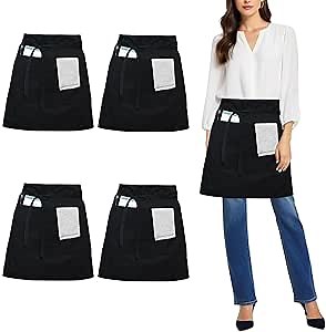 4 Pack Black Waist Apron, Short Chef Apron with 3 Pockets, Half Apron for Waiter Waitress, Catering Work Apron For Clean Bistro Garden Bar Coffee Shop Restaurant (Polyester)