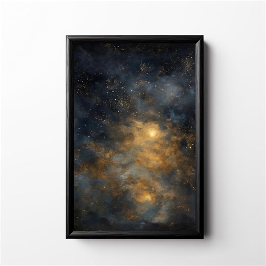 Celestial Night Sky Oil Painting, Printable Starry Night Sky Wall Art, Dark Celestial Print, Golden Moon Artwork, Dark Academia, Moody Decor - Etsy