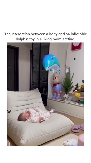 The interaction between a baby and an inflatable dolphin toy in a living room setting.