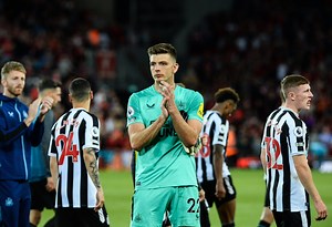 Newcastle goalkeeper Nick Pope celebrates his 50th Premier League clean sheet
