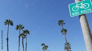 Bike Route green road sign in California, USA. Bicycle lane singpost. Bikeway in Oceanside pacific tourist resort. Cycleway signboard and palm. Healthy lifestyle, recreation and safety cycling symbol.