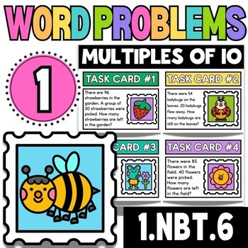1st Grade | Subtracting Multiples of 10 Word Problems | Task Cards | Spring