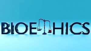 3D animation of an isolated bioethics concept with a sense of scale on a blue background.