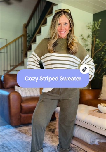 Oversized striped sweater that you will want in all the colors. So incredibly soft and easy to dress up or down. It’s giving cozy vibes! #casualoutfits #sweater #fallfashion #outfitinspo #tiktokshopfalldealsforyou @ZESICA