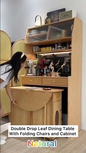 Double Drop Leaf Dining Table with Folding Chairs and Cabinet Natural