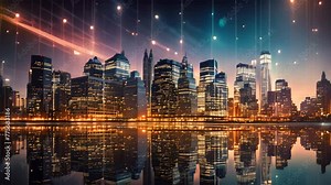 Futuristic city background with high tech graphs and charts. 3d rendering, A city skyline at dusk with the building lights, AI Generated