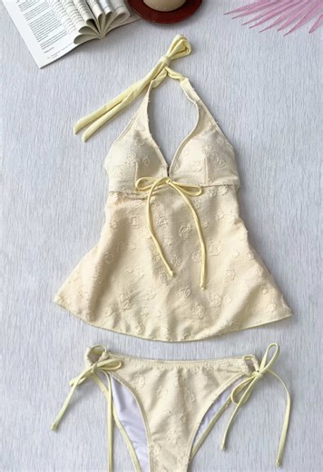 Creamy yellow = ultimate soft girl. Halter ruffle = instant island vibe👙☀️🏖️#spotlightfinds #tiktokshopjumpstartsale #swimsuit #beachwear #tankini