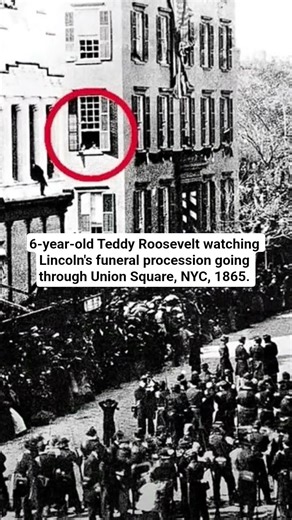 6-year-old Teddy Roosevelt watching Lincoln's funeral procession going through Union Square