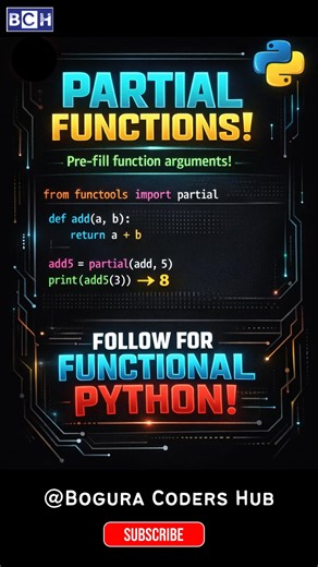Stop Repeating Code! Use Python’s partial() Like a Pro ⚡ | Most Python devs don’t know this trick 👀 Most Python devs don’t know this trick 👀 functools.partial() lets you pre-fill function arguments and create faster, cleaner, reusable functions. Instead of passing the same values again and again, lock them once and call your new function anywhere. Perfect for: ✅ Cleaner code ✅ Functional programming ✅ Reusable logic ✅ Interview prep Follow for daily Python power tips 🚀 #boguracodershub #Pytho