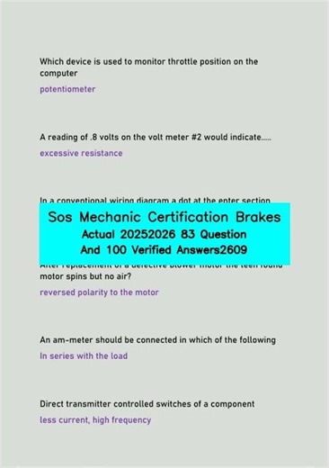 Sos Mechanic Certification Brakes Actual 20252026 83 Question And 100 Verified Answers2609 video