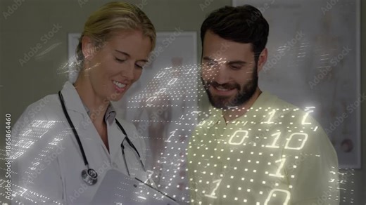 Doctor pointing clipboard explaining chart as patient querying, transparent binary overlay growing