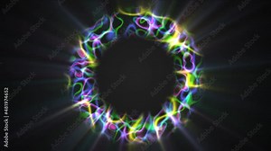 Energy animation neon sphere frame. The texture of the movement of smooth glowing lines. The rotation pattern of chaotic circles. A cosmic body. Rainbow color. Sparkling lightning. Glowing rays. 4k