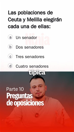 Ceuta y Melilla pesan en el Senado como una provincia Esta pregunta cayó en el examen de Bombero del Ayuntamiento de Córdoba en 2023. Las poblaciones de Ceuta y Melilla eligen cada una: ¿uno, dos, tres o cuatro senadores? Parece de las fáciles. Falla más gente de la que crees. Ceuta y Melilla tienen menos habitantes que muchas provincias. Pero en el Senado pesan igual que ellas. Ahí está la trampa. Si tiras de lógica demográfica, la fallas. Sergio la resuelve con una regla de tres palabras que s