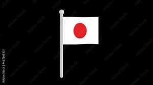 Looped animation of the japan flag moving on a flagpole, with a transparent background