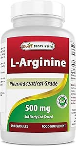 Best Naturals L-Arginine 500mg 250 Capsules - Pharmaceutical Grade L Arginine supplement promotes nitric oxide synthesis