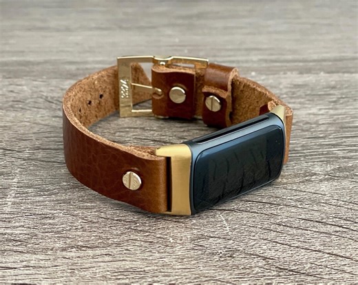 Handmade Grain Brown Leather Fitbit Charge 6 Band With Gold Accents - Etsy