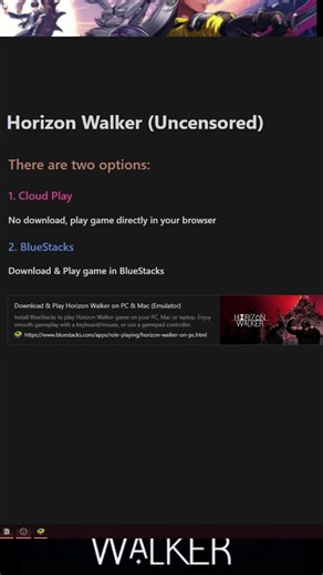 Learn how to play the uncensored version of Horizon Walker on any device! This video shows you how to start playing instantly via cloud gaming on any platform and how to install & play the uncensored version directly on your PC without complicated steps. Cloud Play: https://bluestacks.now.gg/play/gentlemaniac/9224/horizon-walker?utm_campaign=hwf Download & Play: 1. Download Bluestacks. 2. Install the game from the BlueStacks Store. Link: https://www.bluestacks.com/apps/role-playing/horizon-walke