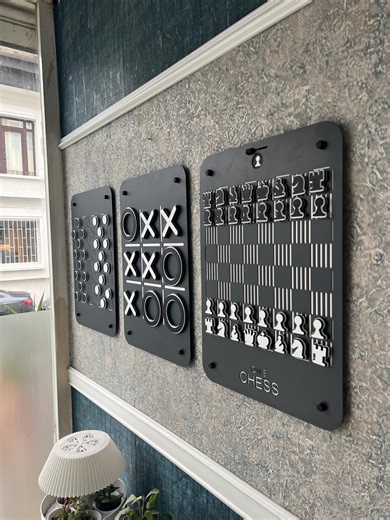 Wall Game Set -chess - XOX - Checkers : Dark Gray Metal, Black and White Pieces - Etsy