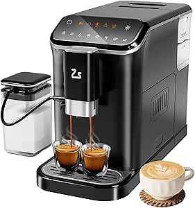 Zstar Fully Automatic Espresso Machine with Milk Frother, Professional Espresso Maker with Grinder, Auto-Cleaning, One-Touch Operation, 1.5L Water Tank for Latte, Cappuccino, Macchiato