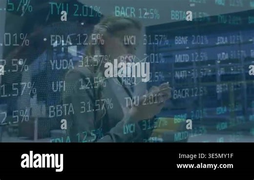 Animation of trading board, globe and connected dots on caucasian woman walking and using cellphone. Digital composite, multiple exposure, stock market, office, communication and technology concept Stock Video Footage - Alamy