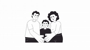 Diverse parents hugging with smiling son bw 2D characters animation. Mom, dad bonding with child outline cartoon 4K video, alpha channel. Two parents kid animated people isolated on white background