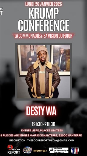 THE BOOK REPORT on Instagram: "✨ RAPPEL – Krump Conférence x DESTY WA : Pionnier & mémoire vivante du Krump français Depuis plus de 20 ans, le Krump s’enracine en France et rayonne sur les scènes européennes et internationales. Avec The Book Report, on ouvre un espace de dialogue autour de sa communauté, de sa vision actuelle et de son avenir. Parmi les intervenants : DESTY WA, pionnier du Krump parisien et français, figure historique du mouvement, à la fois danseur, bâtisseur et gardien de la m
