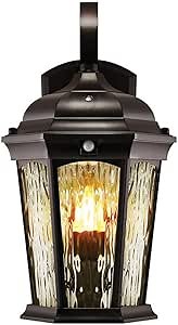 Euri Lighting EFL-130W-MD Flickering Flame Porch Light, Water Glass, with Integrated Security Light (3000K), Motion-Sensor, Dusk-to-Dawn, Oil Rubbed Bronze Housing