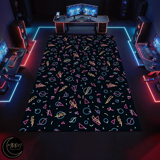 Neon Arcade Game Room Rug: Colorful Patterned Carpet - Etsy
