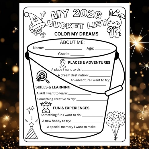 2026 Bucket List Coloring Page | Kids & Teens Printable Goal Setting Worksheet Template - Etsy