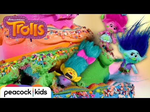 Poppy and Branch Rescue Smidge From Inside a GIANT Rainbow Cake | TROLLS TOYMOTION