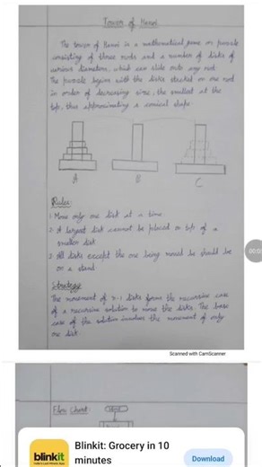 Python Handwritten Notes - Towers Of Hanoi #shorts #learning #trending
