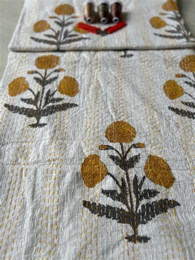 Vintage Indian Block Printed Kantha Quilt, Floral Bohemian Handmade Bedding, Handmade Yellow Bedroom Throw - Etsy
