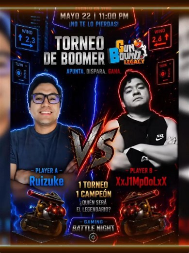 Ruizuke Vs XxJ1Mp0oLxX Mayo 22 - 11 PM 📷 1er lugar: $150 avatares exclusivos 📷 2do lugar: $50 avatares exclusivos Formato: Duelo 1 vs 1 (modo normal) Cada partida es a 10 victorias — el primer jugador en llegar a 10 victorias avanza a la siguiente ronda. 📷 Requisitos obligatorios: La cámara externa e interna son obligatorias durante los matches. 📷 Reglas importantes: Cualquier forma de trampa está prohibida. No se permite el uso de reglas, marcadores ni cualquier ayuda externa #gunbound #gun