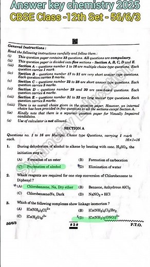 Answer key Chemistry Set- 56/6/3 Class-12th. CBSE Board Exam -2025