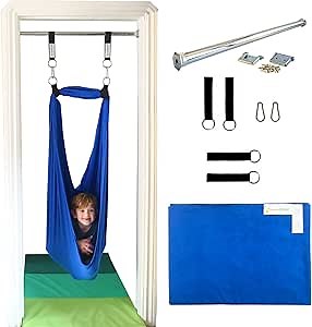 DreamGYM Doorway Sensory Swing - Supports 220lbs, Steel Bar Secured by Brackets - 95% Cotton Compression Swing for Self-Regulation (Blue)