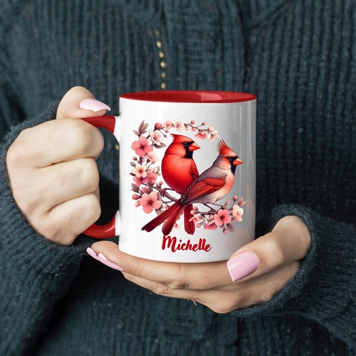 Personalized Cardinal Mug, Bird Lover Gift, Cherry Blossom Accent Mug - Etsy