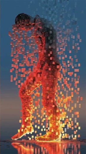Human silhouette dissolving into pixels.