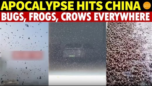 Apocalyptic Signs Over China: Black Clouds of Insects and Frogs Turn Day Into Night! The next clip, filmed in Sichuan, captures a chilling sight — swarms of swallows and other birds swirling through the skies in chaotic formation, like a scene straight out of an Alfred Hitchcock thriller. The person behind the camera admitted, “I’ve lived here my whole life, and I’ve never seen anything like this.” Meanwhile, in Hohhot, the heavens are blackened by endless flocks of crows. Locals say the birds k
