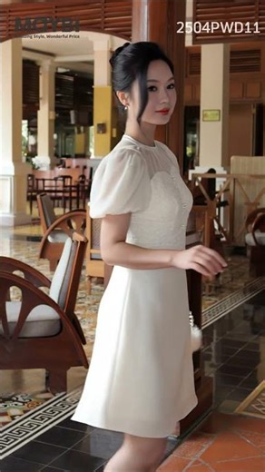 Đầm xòe tafta phối voan kem tay bí Maybi 2504PWD11