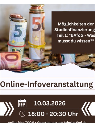 🎓💰 Studienfinanzierung – BAföG verstehen 💰🎓 Du planst ein Studium oder studierst bereits und hast Fragen zur Finanzierung? Dann ist diese Veranstaltung genau das Richtige für dich! 📅 10.03.2026 ⏰ 18:30 – 20:00 Uhr Im ersten Teil der Reihe geht es um das Thema „BAföG – Was musst du wissen?“. Du erfährst: ✔️ Was BAföG genau ist ✔️ Wer BAföG erhalten kann ✔️ Wie hoch der Höchstsatz ist ✔️ Ob sich ein Antrag für dich lohnt 👉 Informiere dich frühzeitig und plane dein Studium finanziell sicher! 