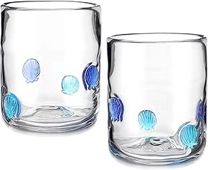 Maxdot 2 Pcs Icon Juice Glasses Seashell Glass Cups Drinking Shell Stemless Wine Glasses 14 Ounce Double Old Fashioned Icon Hand Blown Cocktail Cups Gifts for Women Summer Sea Party Supplies