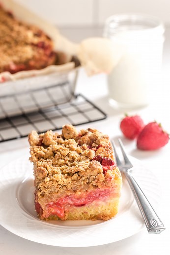 Strawberry Rhubarb Cake with Crumb Topping - Buttered Side Up