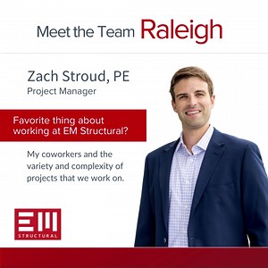 Meet Zach Stroud, project manager at EM Structural Raleigh! About Zach: I am originally from Charlotte, NC. I graduated from NC State in 2015 with my bachelor's degree in Civil Engineering and have lived in Raleigh ever since. I got married last April and now live in Cary with my wife, Morgan and our dog, Sugar. Some of my hobbies include backpacking and traveling to new places. I am a huge NC State Wolfpack and Carolina Panthers fan. #EMStructural #engineer #engineering #EMengineering #EMengine
